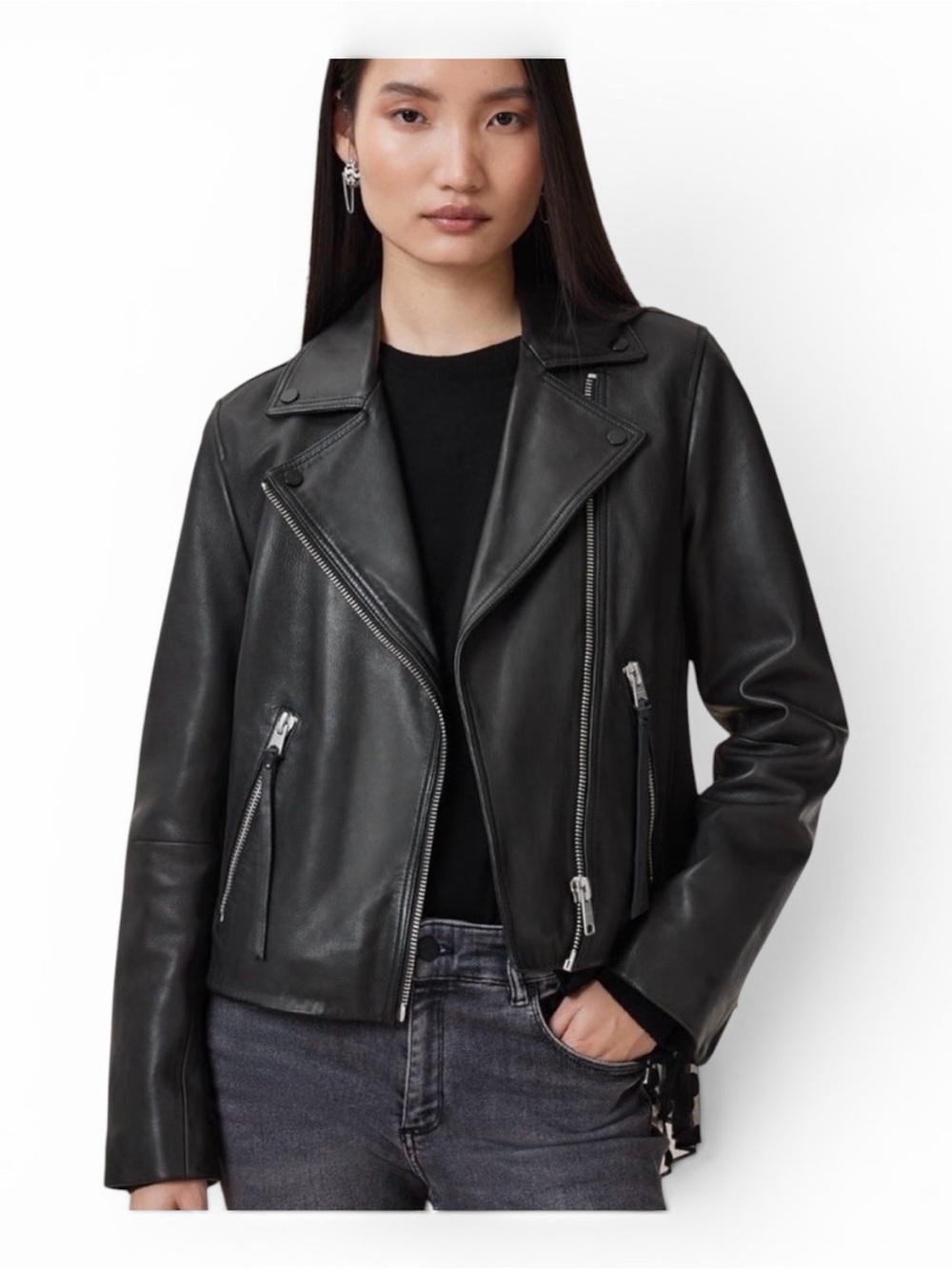 AllSaints Dalby Black Leather Moto Jacket Lambskin Size 4